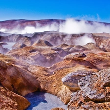 Steam, rocks, water