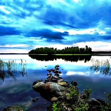 Stones, lake, clouds