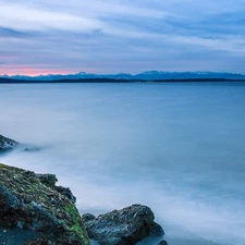 east, sea, Stones, sun