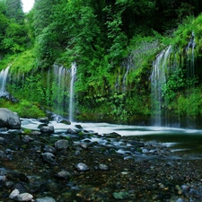 Stones, waterfall, green