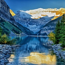 Mountains, forest, Stones, lake