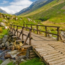 Stones, Mountains, bridges, River, wooden