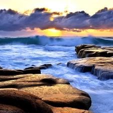 Sky, Waves, Stones, clouds