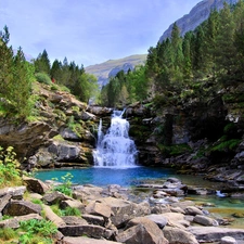 waterfall, rocks, trees, River, Mountains, Stones, viewes