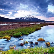 Clouds, Mountains, Stones, water, Sky, woods