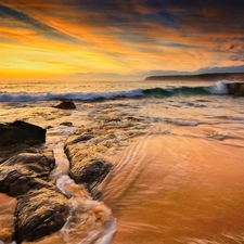 west, sea, Stones rocks, sun