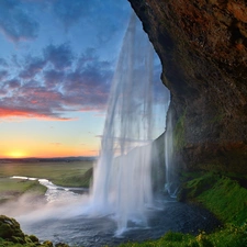 iceland, west, sun, waterfall