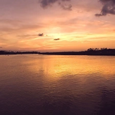 lake, west, sun, Sky