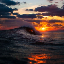 sea, west, sun, Waves