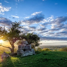 sun, Stones, clouds, trees, Sky