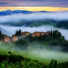 Sunrise, buildings, Italy, Fog, Tuscany