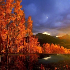 viewes, lakes, Sunsets, sun, Mountains, trees