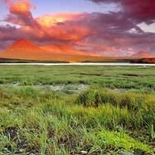 swampy, Meadow, clouds, Mountains, Red