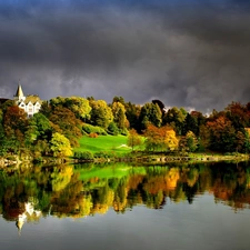 white, View, among, an, autumn, The building, trees