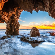 rays, sea, cave, California, rocks, Malibu, Waves, The United States, Los Angeles County, Great Sunsets