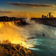 waterfall, Foam, Town, water