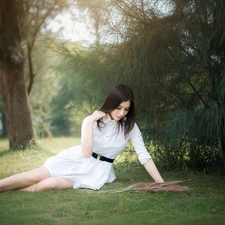 Park, White, viewes, dress, brunette, trees, grass