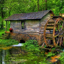 mill, River, viewes, circle, Spring, trees, green