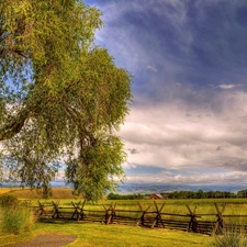 trees, HDR, field, fence, medows