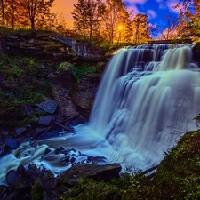 rocks, waterfall, trees, viewes, flash, luminosity, ligh, sun, Przebijające