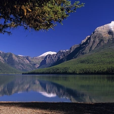 Mountains, coast, trees, lake