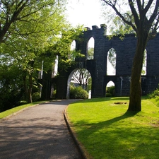 Gate, alley, trees, viewes, Bench, park