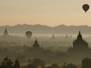 trees, viewes, Fog, Balloons, buildings