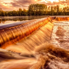 ligh, waterfall, viewes, flash, clouds, River, trees, luminosity, sun, Przebijające