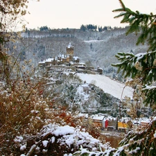 trees, viewes, Castle, winter, mountains