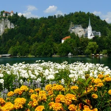 trees, viewes, Castles, Flowers, River