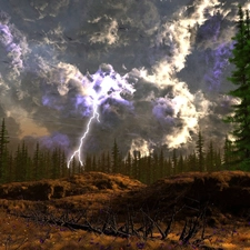trees, viewes, lightning, high, Sky