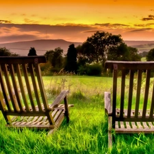 Two cars, seats, sun, Meadow, west