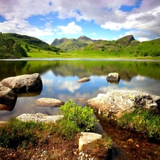 lake, Stones, View, Mountains