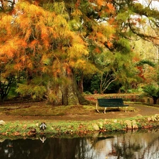 bench, Park, viewes, autumn, trees, River