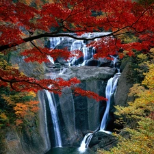 viewes, autumn, rocks, trees, waterfall