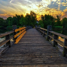 viewes, bridge, sun, trees, west