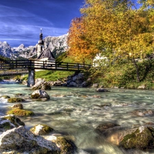 bridges, tear, viewes, Church, trees, River