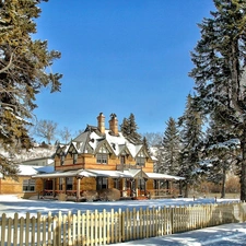 estate, winter, viewes, Fance, trees, house