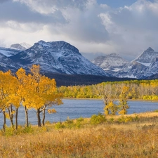 viewes, grass, Mountains, trees, lake