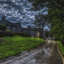 Houses, trees, Rain, viewes, Way, clouds, HDR