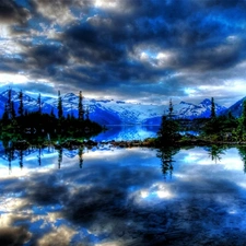 lake, Mountains, viewes, reflection, trees, clouds