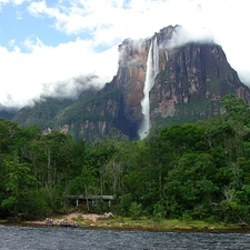 viewes, River, waterfall, trees, mountains