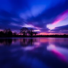 sun, lake, viewes, Sky, trees, west