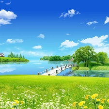 lake, Meadow, viewes, Spring, trees, bridges