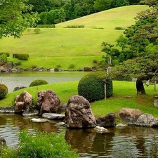 viewes, Stones, lake, trees, medows