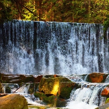 waterfall, trees, viewes, rocks