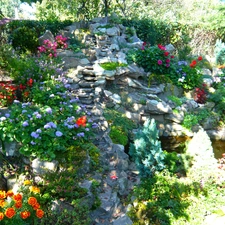 water, Stones, Flowers