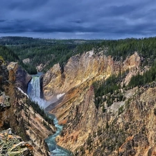 waterfall, canyon, forest, River, Mountains