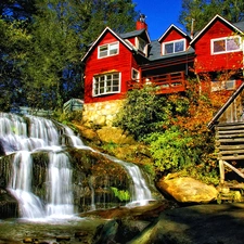 waterfall, Red, house