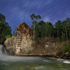 Home, forest, waterfall, Meteor Showers